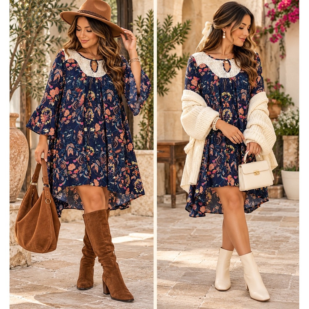 Umgee USA Navy Floral Lace Yoke Tunic Dress Bell Sleeve Boho Womens Medium